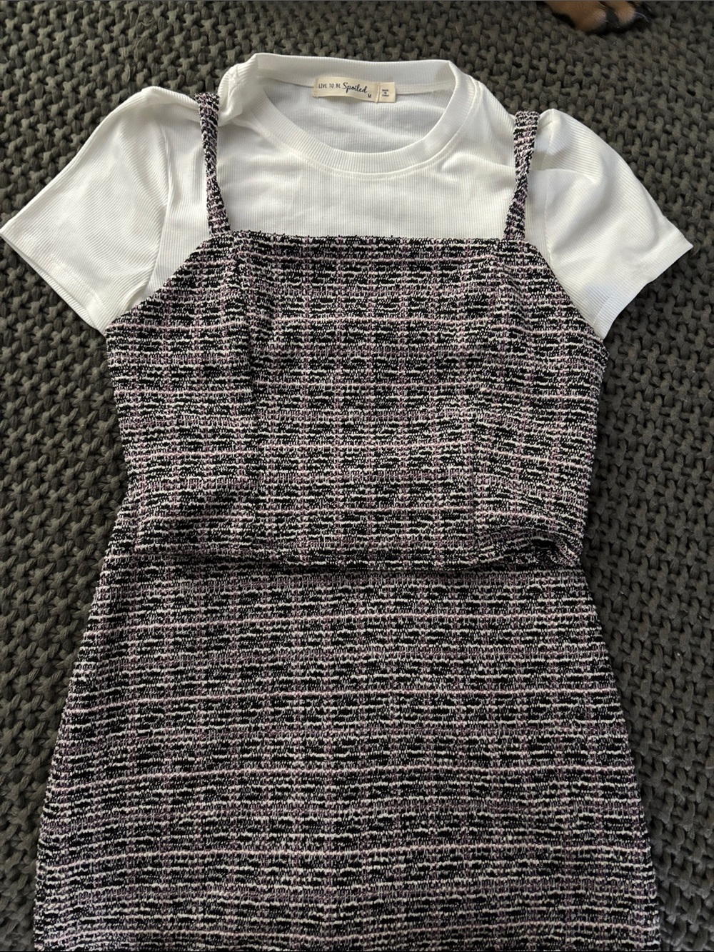 Textured Pink & Black Mini Dress with Spaghetti Straps